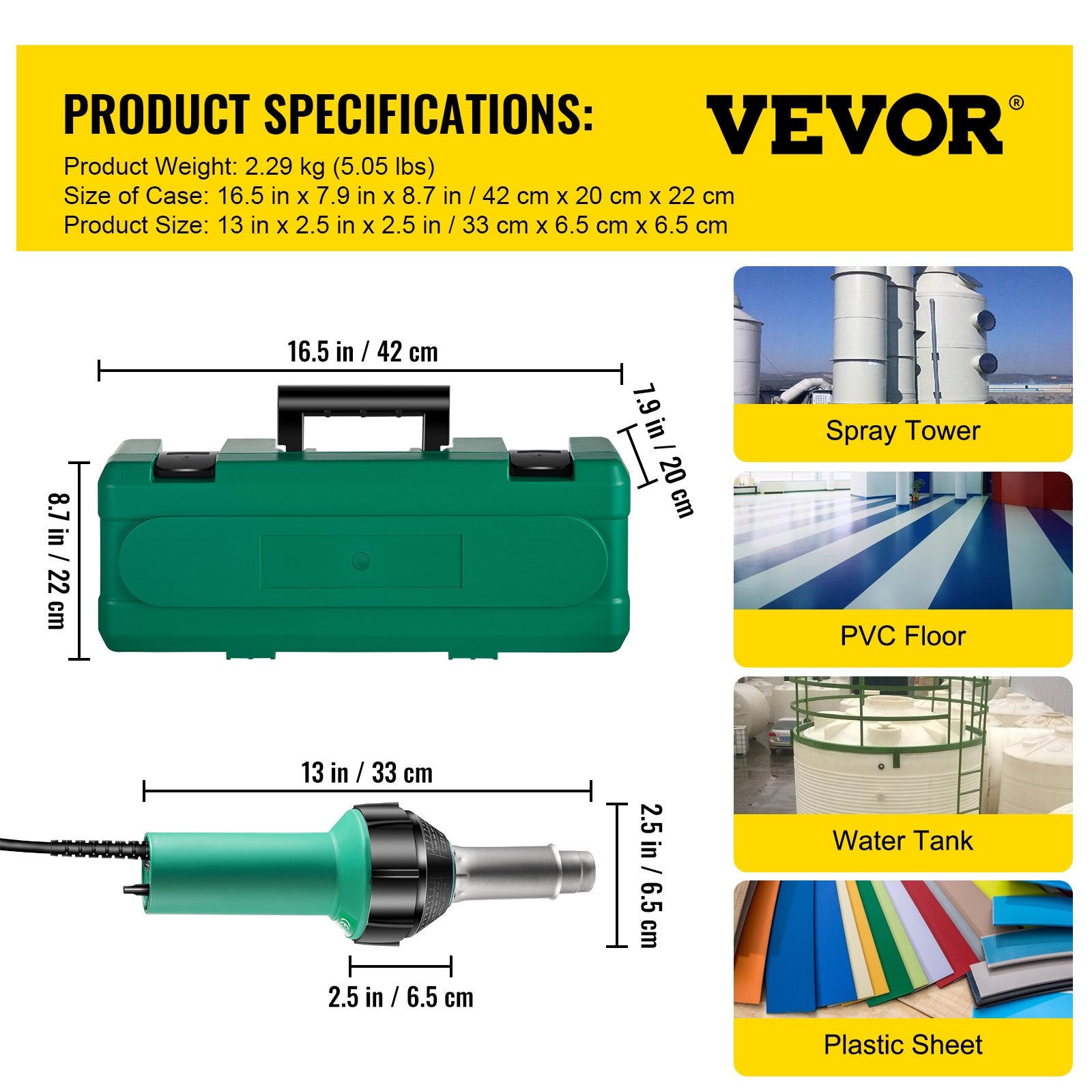 VEVOR Roofing Welder, 14 PCS PVC Welding Gun, 1600W PVC Welder With Case, 120V PVC Heat Gun, Plastic Welder w/ Mica Pipe Heating Core, Stepless Temperature Regulation 104-1112 °F Plastic Welder Kit