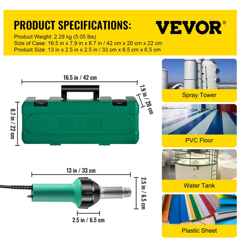 VEVOR Roofing Welder, 14 PCS PVC Welding Gun, 1600W PVC Welder With Case, 120V PVC Heat Gun, Plastic Welder w/ Mica Pipe Heating Core, Stepless Temperature Regulation 104-1112 °F Plastic Welder Kit