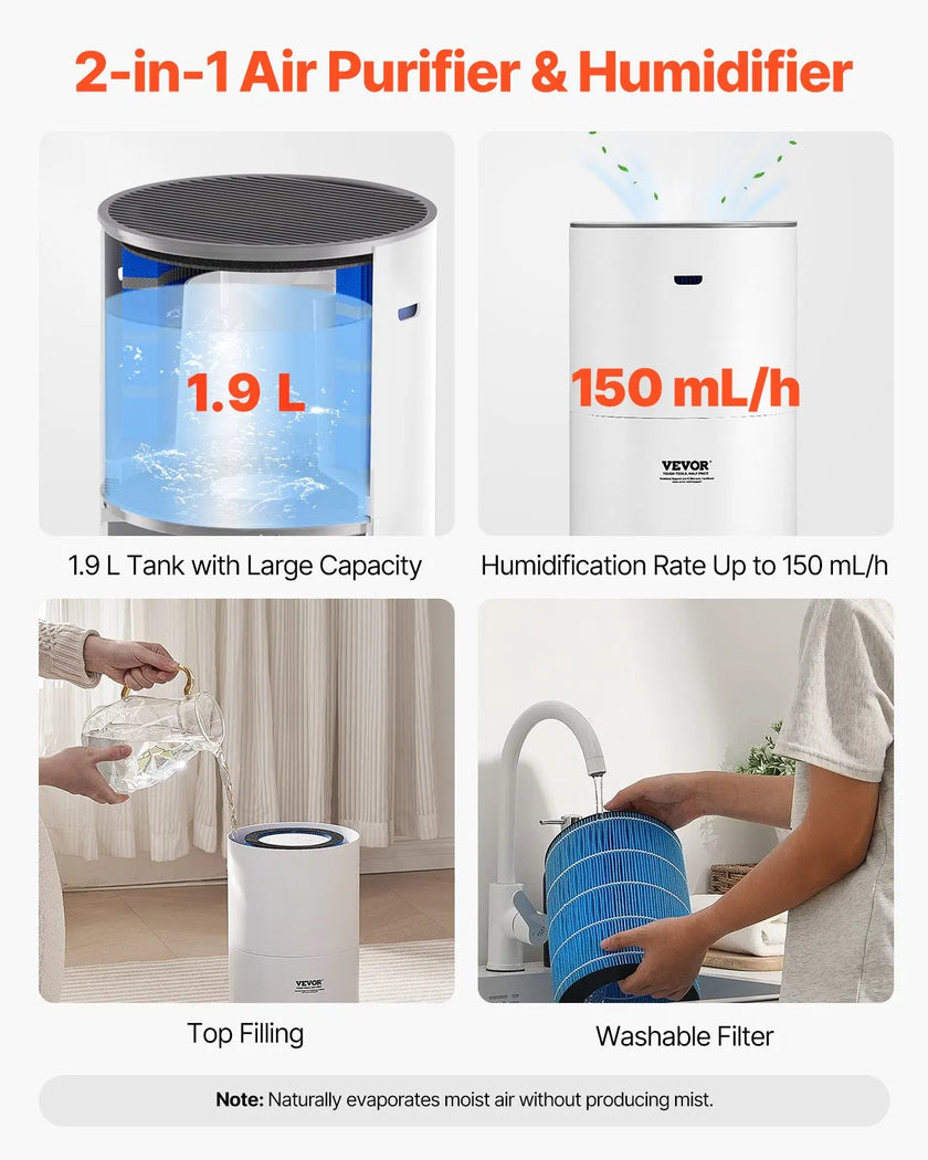 VEVOR Air Purifier 1090 ft²/h True HEPA 11 Filter Air Cleaner for Large Room