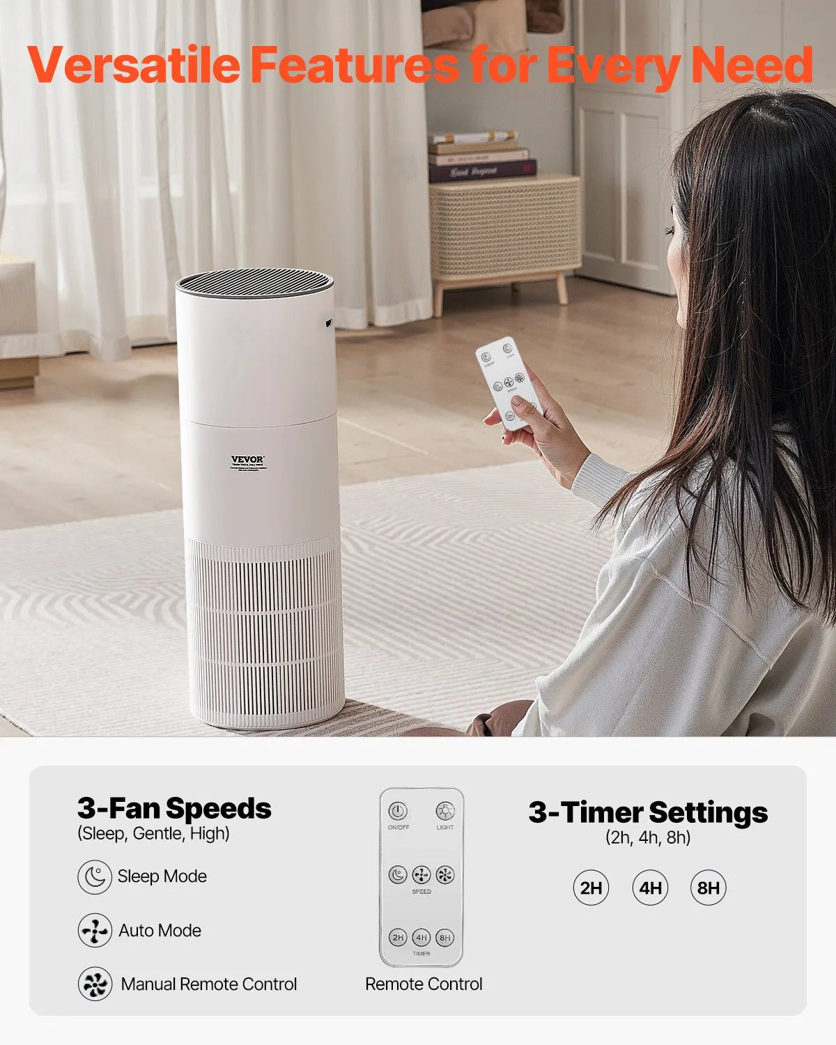 VEVOR Air Purifier 1090 ft²/h True HEPA 11 Filter Air Cleaner for Large Room