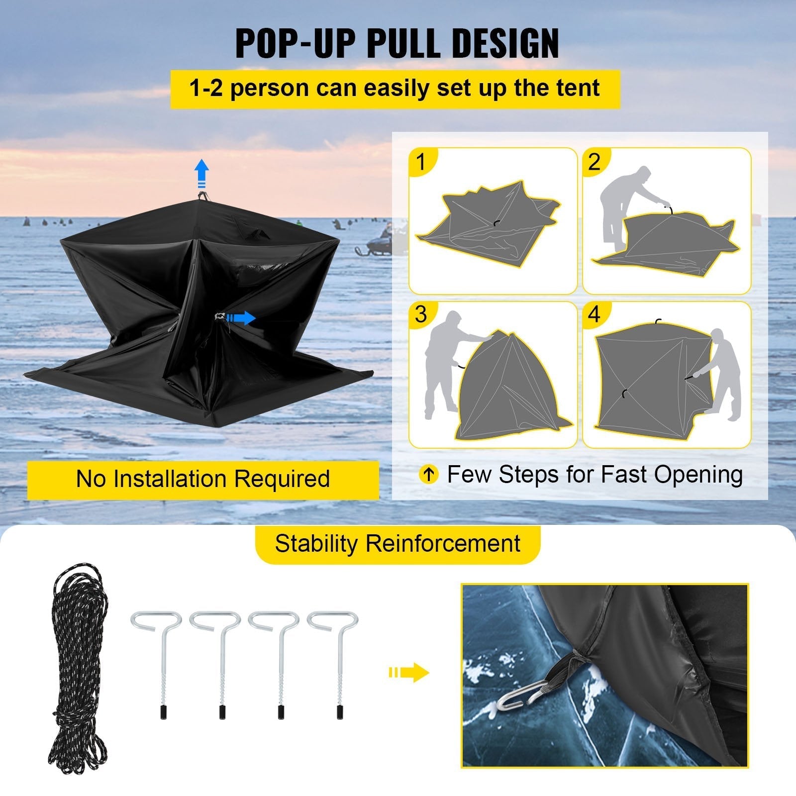 VEVOR 2-3 Person Ice Fishing Shelter Tent, 300D Oxford Fabric Portable Ice Shelter with Pop-up Pull Design, Strong Waterproof and Windproof Ice Fish Shelter for Outdoor Fishing, Black