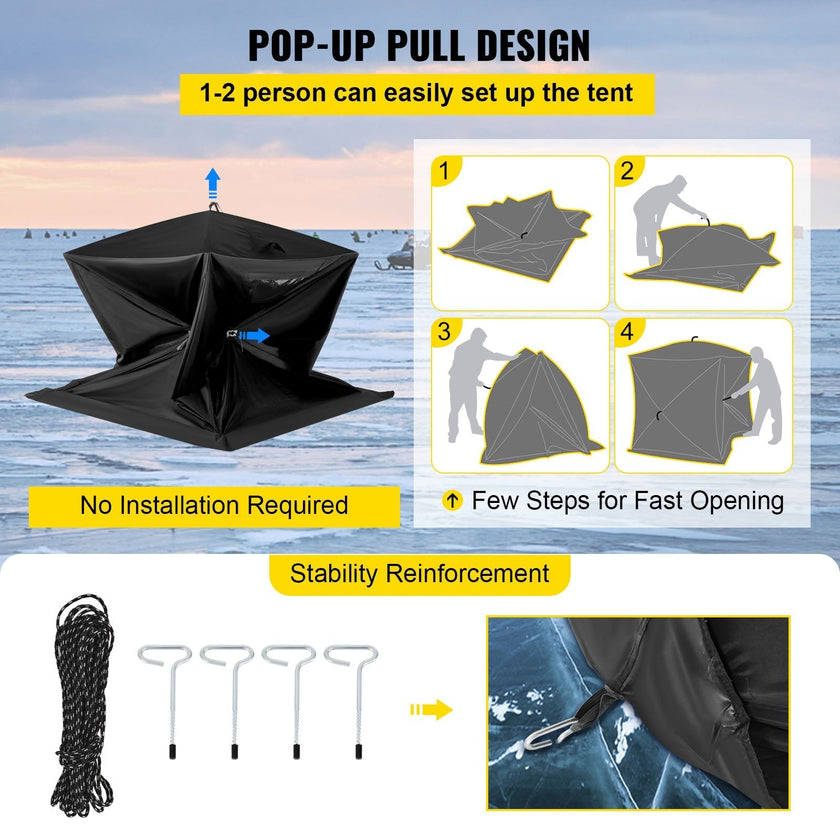 VEVOR 2-3 Person Ice Fishing Shelter Tent, 300D Oxford Fabric Portable Ice Shelter with Pop-up Pull Design, Strong Waterproof and Windproof Ice Fish Shelter for Outdoor Fishing, Black