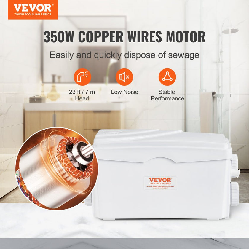 VEVOR Macerator Pump, 350W, 6000 L/h Flow, 23 ft/7 m Head, Macerator Sewerage Sump Pump with 3 Water Inlets for Basement, Kitchen, Sink, Shower, Bathtub, Laundry Waste Water Disposal Upflush Machine