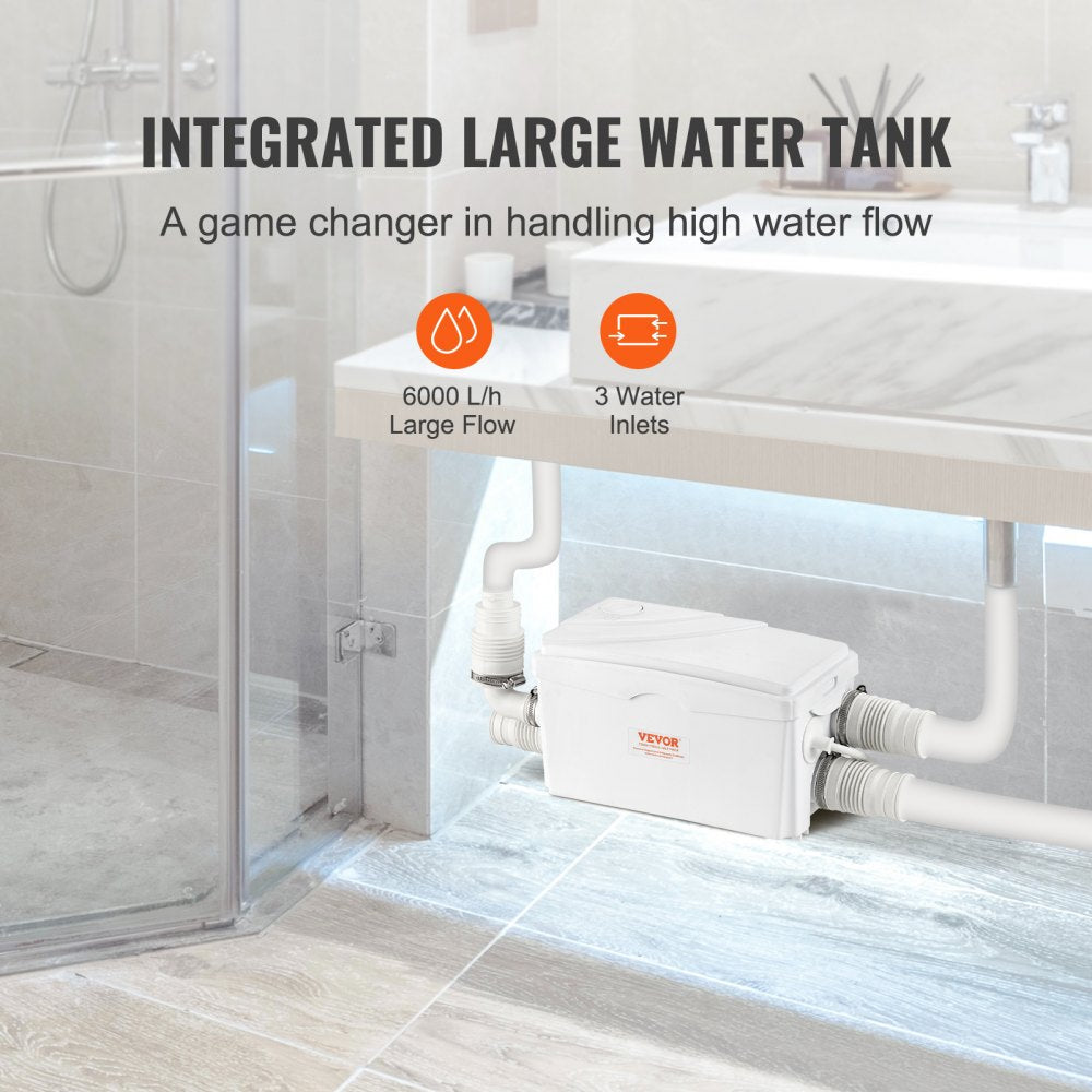 VEVOR Macerator Pump, 350W, 6000 L/h Flow, 23 ft/7 m Head, Macerator Sewerage Sump Pump with 3 Water Inlets for Basement, Kitchen, Sink, Shower, Bathtub, Laundry Waste Water Disposal Upflush Machine