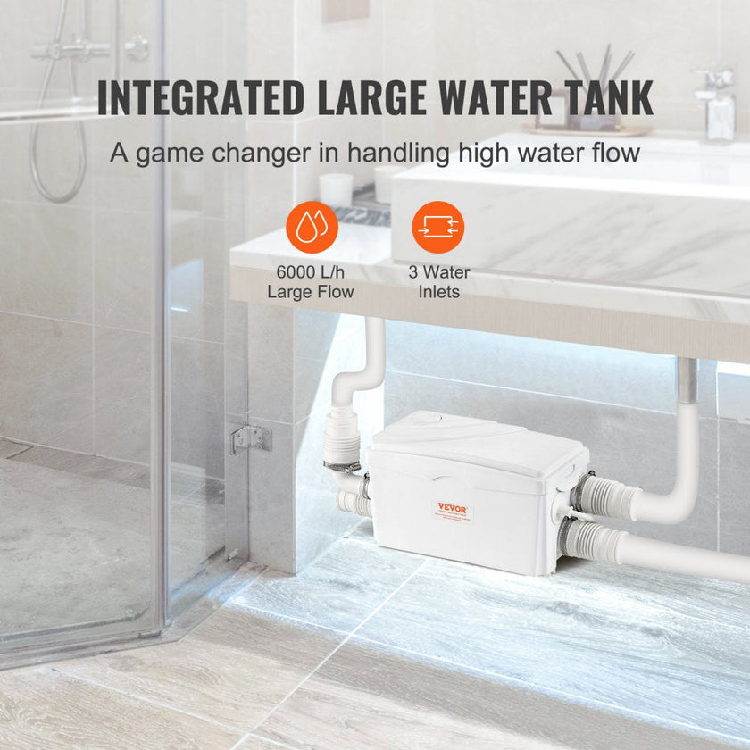 VEVOR Macerator Pump, 350W, 6000 L/h Flow, 23 ft/7 m Head, Macerator Sewerage Sump Pump with 3 Water Inlets for Basement, Kitchen, Sink, Shower, Bathtub, Laundry Waste Water Disposal Upflush Machine