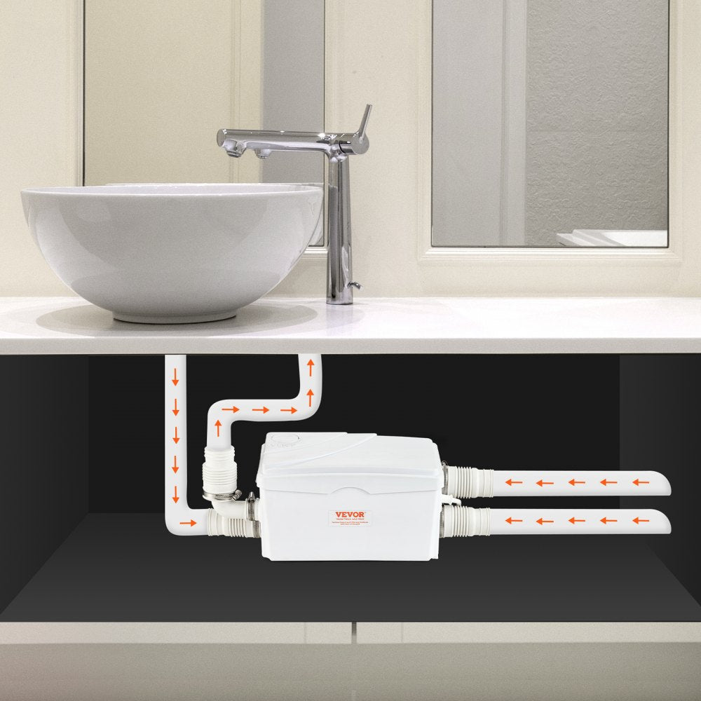 VEVOR Macerator Pump, 350W, 6000 L/h Flow, 23 ft/7 m Head, Macerator Sewerage Sump Pump with 3 Water Inlets for Basement, Kitchen, Sink, Shower, Bathtub, Laundry Waste Water Disposal Upflush Machine