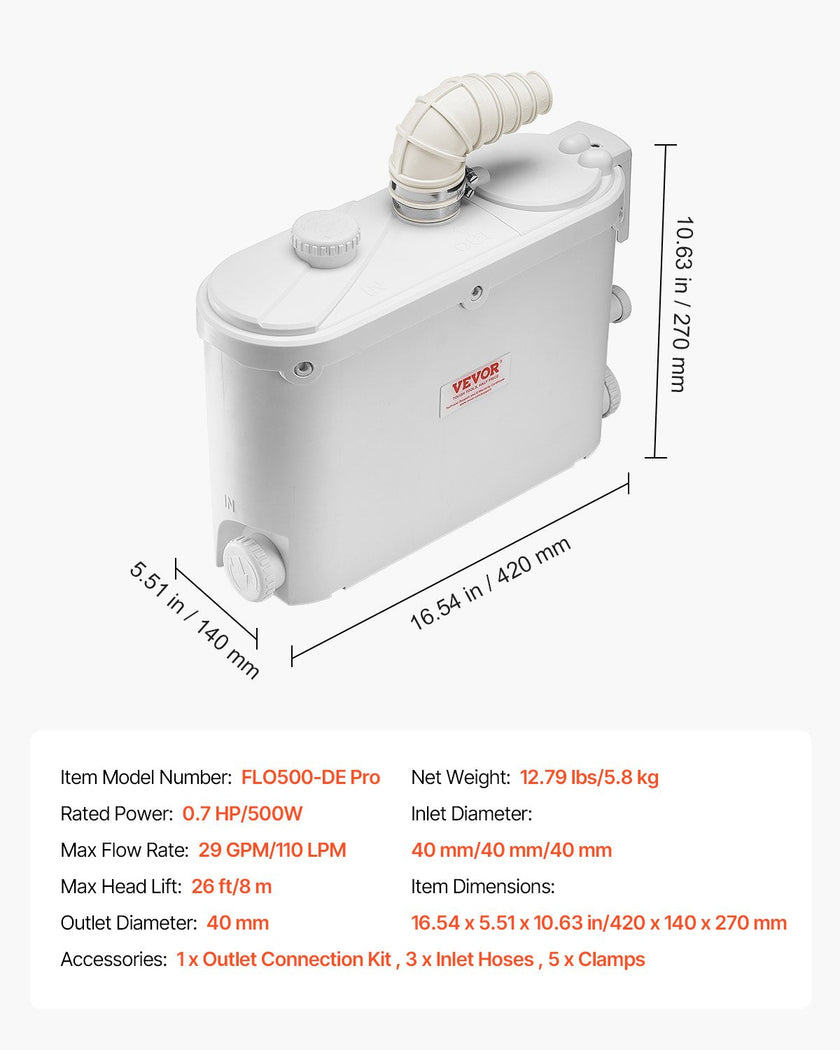 VEVOR Macerator Pump 500W 29 GPM Flow 26 ft Head Lift for Kitchen Basement Sink