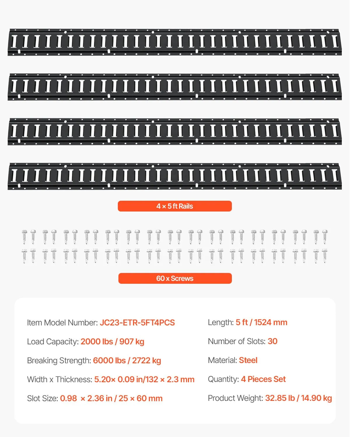 VEVOR E Track Tie Down Rail Kit, 5' Steel Rails, 4 Pack, Secure Cargo & Heavy Loads Up to 2000 lbs, Heavy Duty Etrack Rails with Screws for Garages, Vans, Trailers, Motorcycle Tie Downs, ATV Mountings