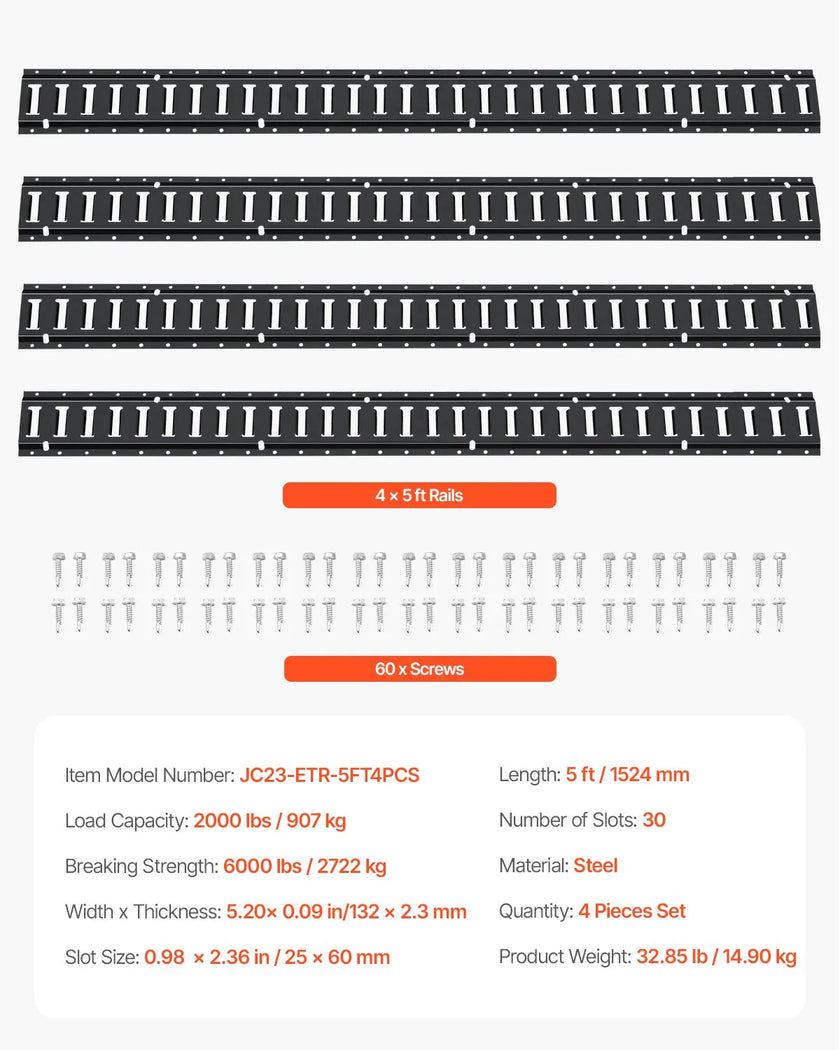 VEVOR E Track Tie Down Rail Kit, 5' Steel Rails, 4 Pack, Secure Cargo & Heavy Loads Up to 2000 lbs, Heavy Duty Etrack Rails with Screws for Garages, Vans, Trailers, Motorcycle Tie Downs, ATV Mountings