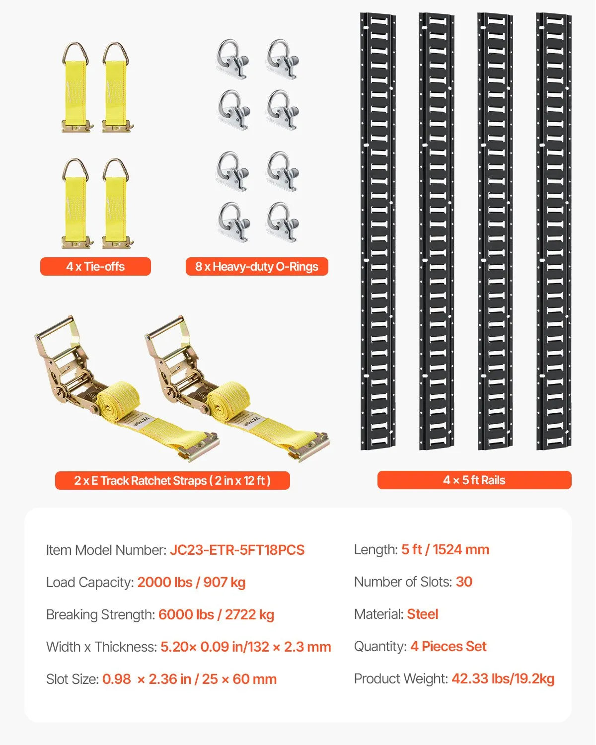 VEVOR E Track Tie-Down Rail Kit, 18PCS 5' E-Tracks Set Includes 4 Steel Rails & 8 O-Ring Anchors & 4 Tie-Offs with D-Ring & 2 Ratchet Straps, Securing Accessories for Cargo Motorcycles Bikes, 2000 lbs