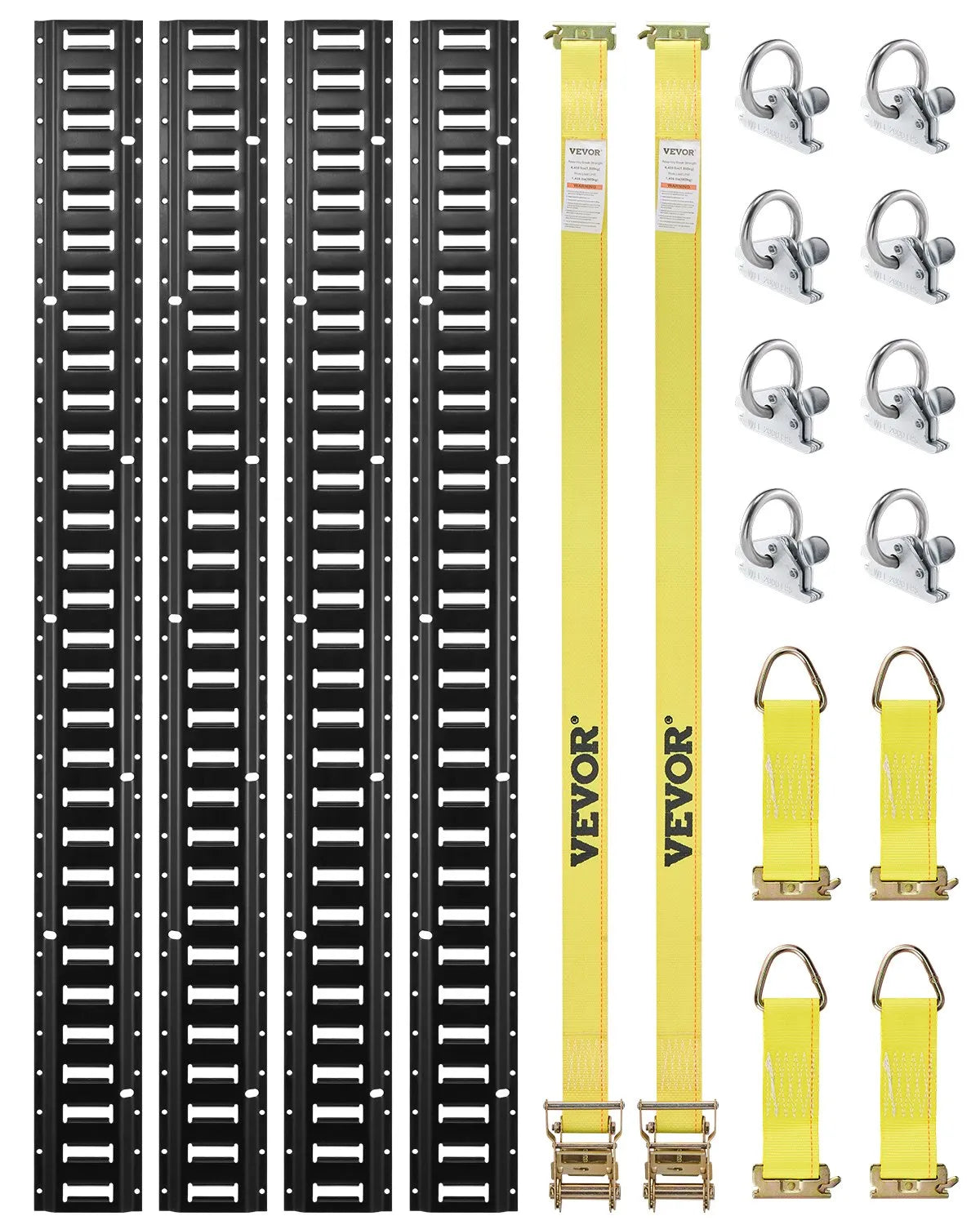 VEVOR E Track Tie-Down Rail Kit, 18PCS 5' E-Tracks Set Includes 4 Steel Rails & 8 O-Ring Anchors & 4 Tie-Offs with D-Ring & 2 Ratchet Straps, Securing Accessories for Cargo Motorcycles Bikes, 2000 lbs