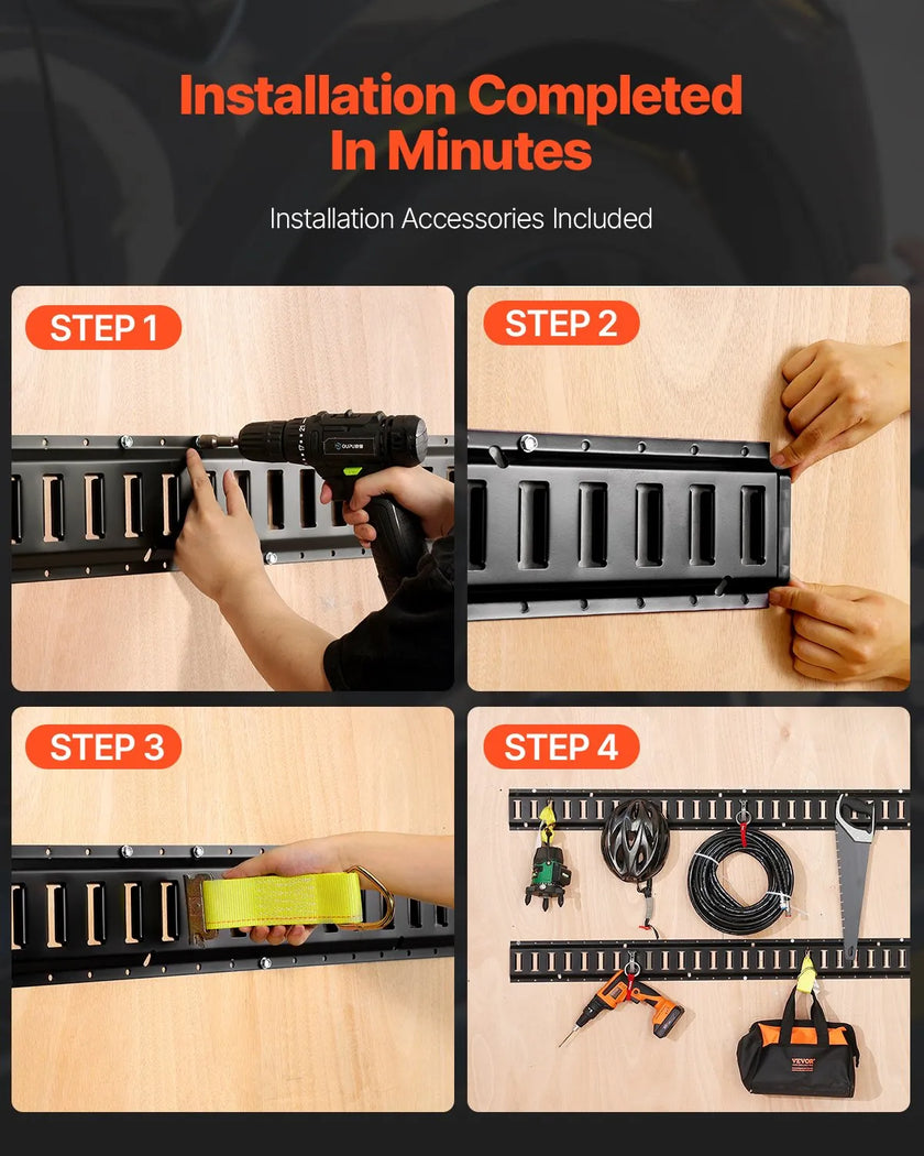 VEVOR E Track Tie-Down Rail Kit, 30PCS 5FT E-Tracks Set Includes 4 Steel Rails & 2 Single Slot & 8 O Rings & 8 Tie-Offs w/ D-Ring & 8 End Caps, Securing Accessories for Cargo, Motorcycles, and Bikes