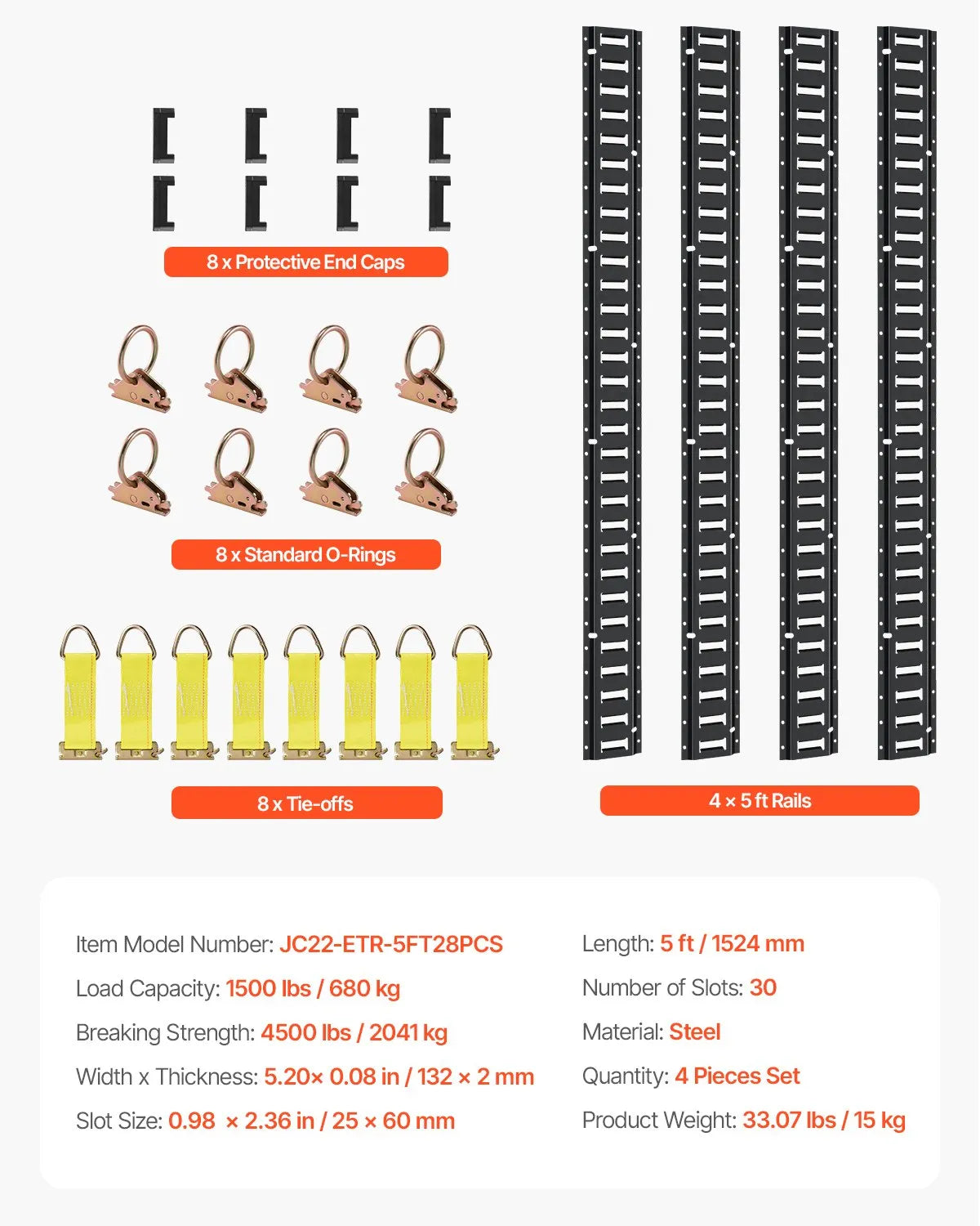 VEVOR E Track Tie-Down Rail Kit, 30PCS 5FT E-Tracks Set Includes 4 Steel Rails & 2 Single Slot & 8 O Rings & 8 Tie-Offs w/ D-Ring & 8 End Caps, Securing Accessories for Cargo, Motorcycles, and Bikes