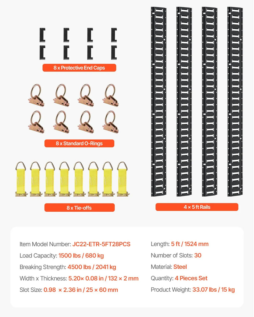 VEVOR E Track Tie-Down Rail Kit, 30PCS 5FT E-Tracks Set Includes 4 Steel Rails & 2 Single Slot & 8 O Rings & 8 Tie-Offs w/ D-Ring & 8 End Caps, Securing Accessories for Cargo, Motorcycles, and Bikes