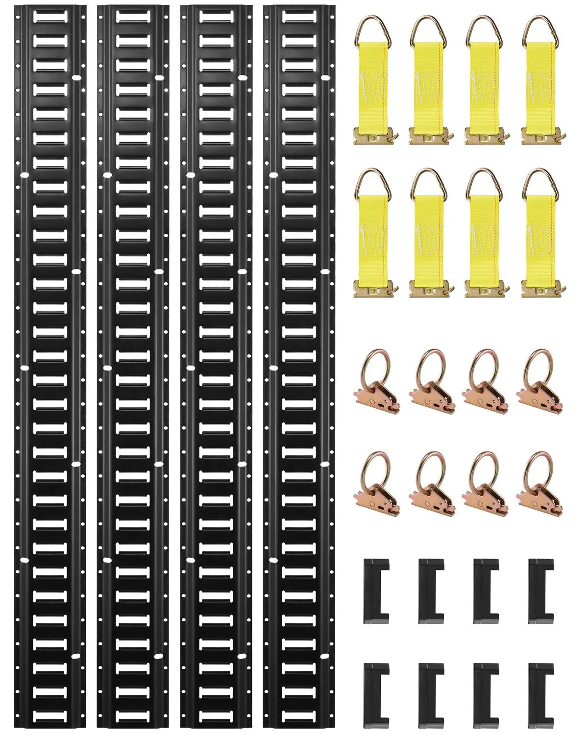VEVOR E Track Tie-Down Rail Kit, 30PCS 5FT E-Tracks Set Includes 4 Steel Rails & 2 Single Slot & 8 O Rings & 8 Tie-Offs w/ D-Ring & 8 End Caps, Securing Accessories for Cargo, Motorcycles, and Bikes