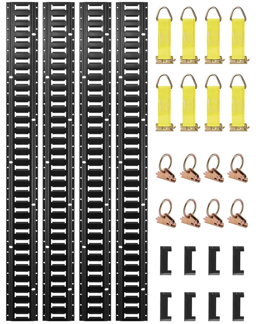 VEVOR E Track Tie-Down Rail Kit, 30PCS 5FT E-Tracks Set Includes 4 Steel Rails & 2 Single Slot & 8 O Rings & 8 Tie-Offs w/ D-Ring & 8 End Caps, Securing Accessories for Cargo, Motorcycles, and Bikes