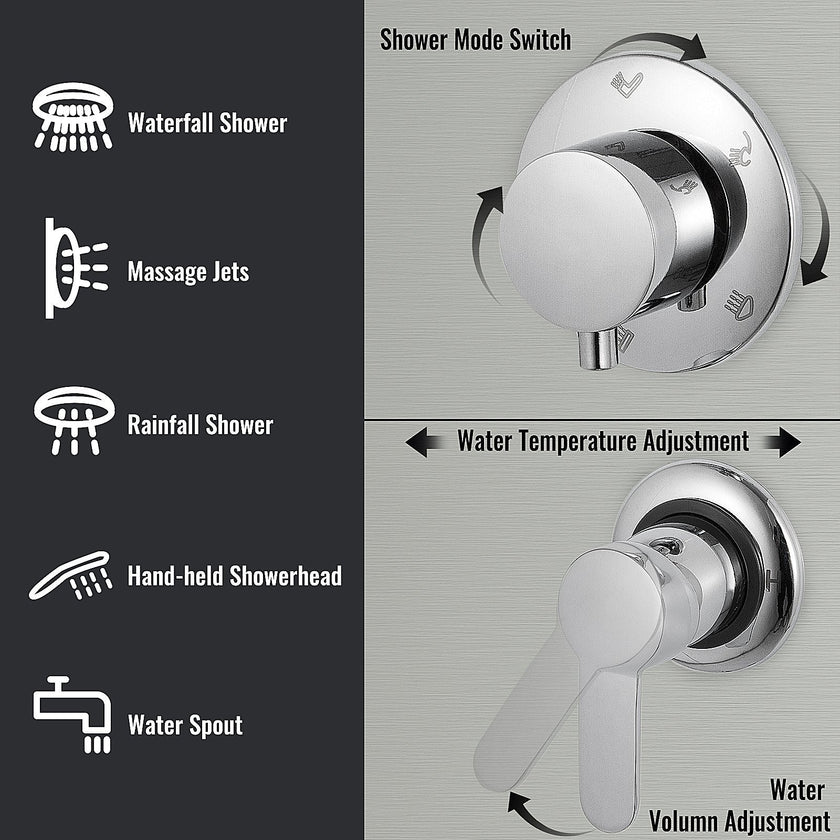 Multi-function Shower Panel Tower System With Spout Rainfall Waterfall Massage