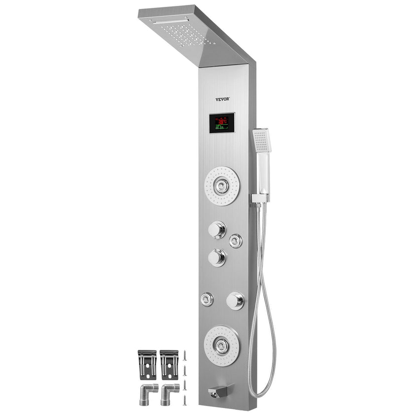 Happybuy 6 in 1 Shower Tower Panel Stainless Steel LED Display Wall Mounted Shower Panel System Panel Rainfall Massage Jets Waterfall Bathroom Shower Tower (Silver Color)