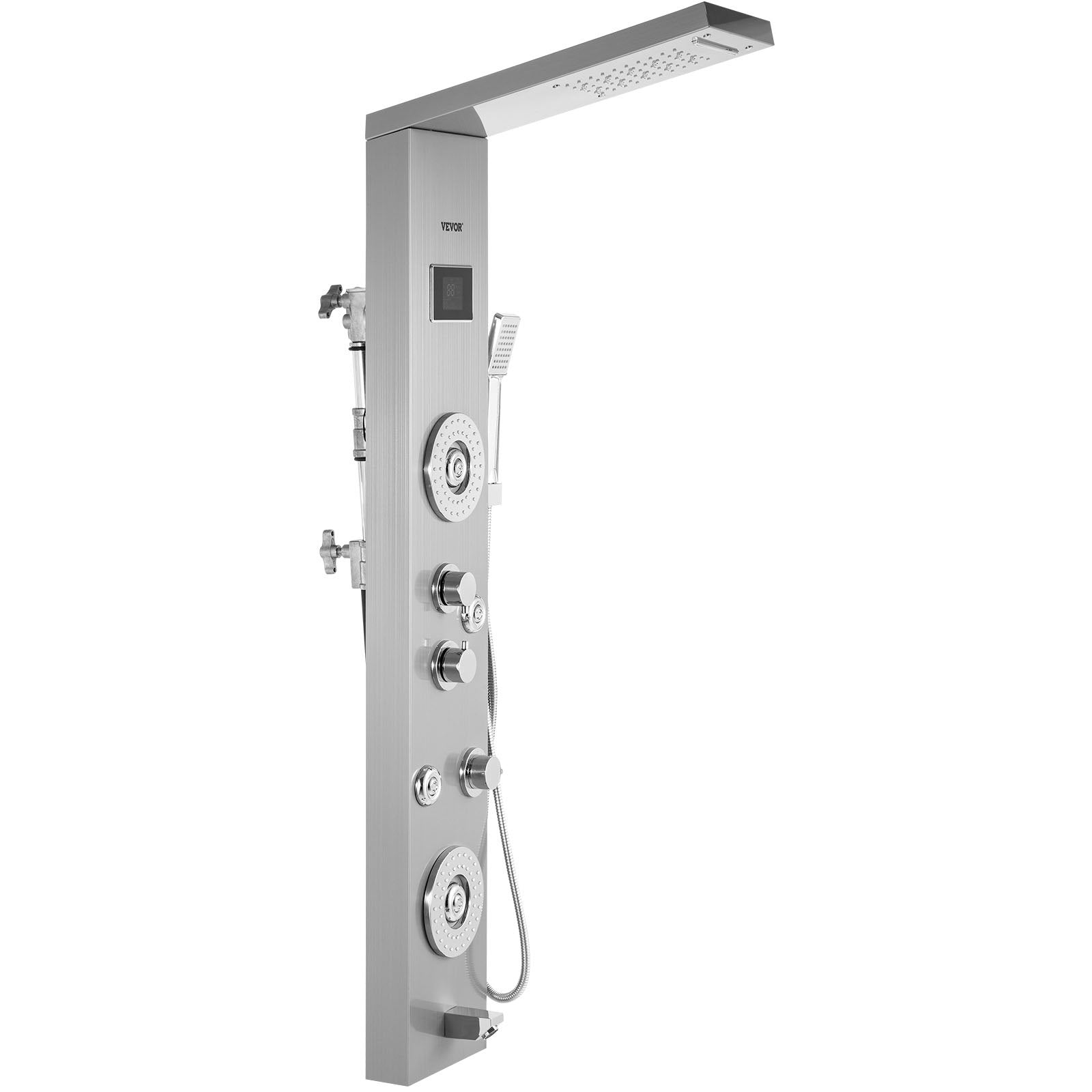 Happybuy 6 in 1 Shower Tower Panel Stainless Steel LED Display Wall Mounted Shower Panel System Panel Rainfall Massage Jets Waterfall Bathroom Shower Tower (Silver Color)