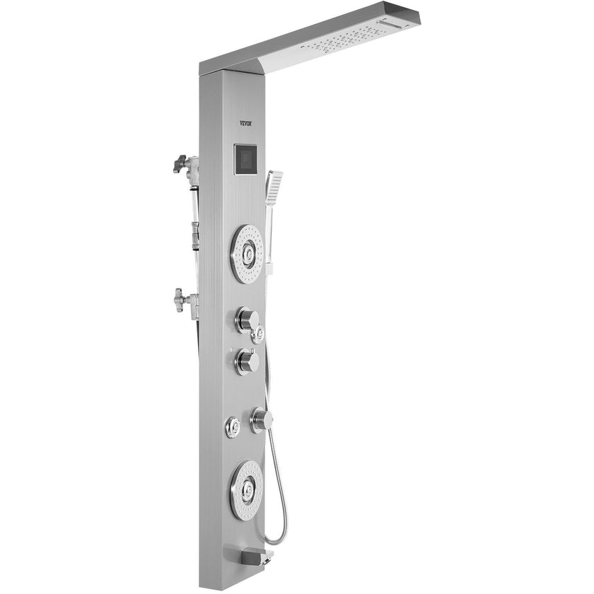Happybuy 6 in 1 Shower Tower Panel Stainless Steel LED Display Wall Mounted Shower Panel System Panel Rainfall Massage Jets Waterfall Bathroom Shower Tower (Silver Color)