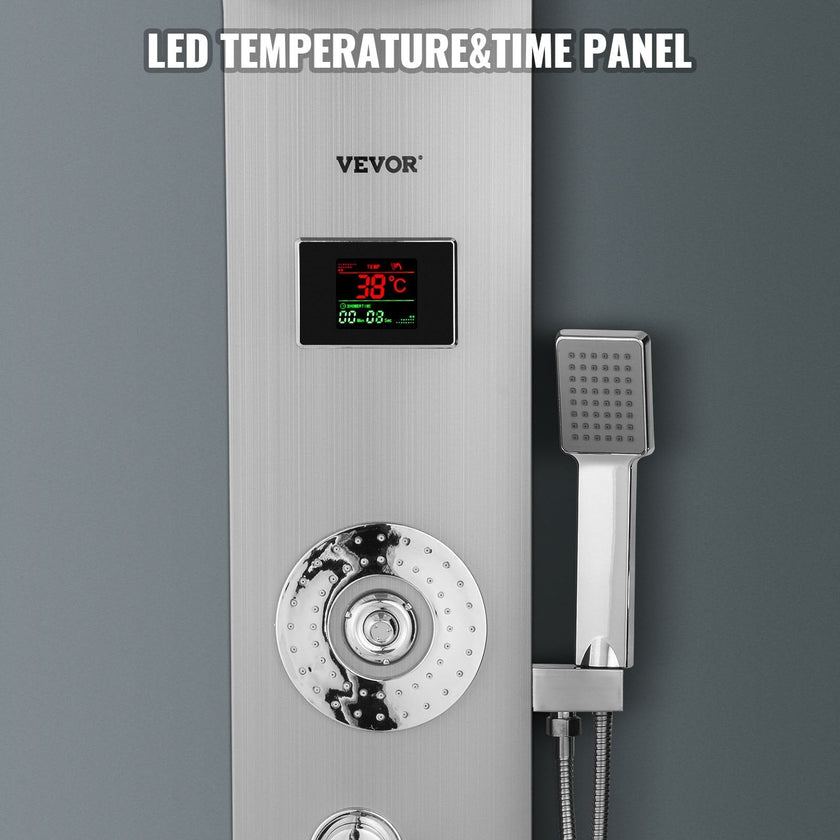 Happybuy 6 in 1 Shower Tower Panel Stainless Steel LED Display Wall Mounted Shower Panel System Panel Rainfall Massage Jets Waterfall Bathroom Shower Tower (Silver Color)