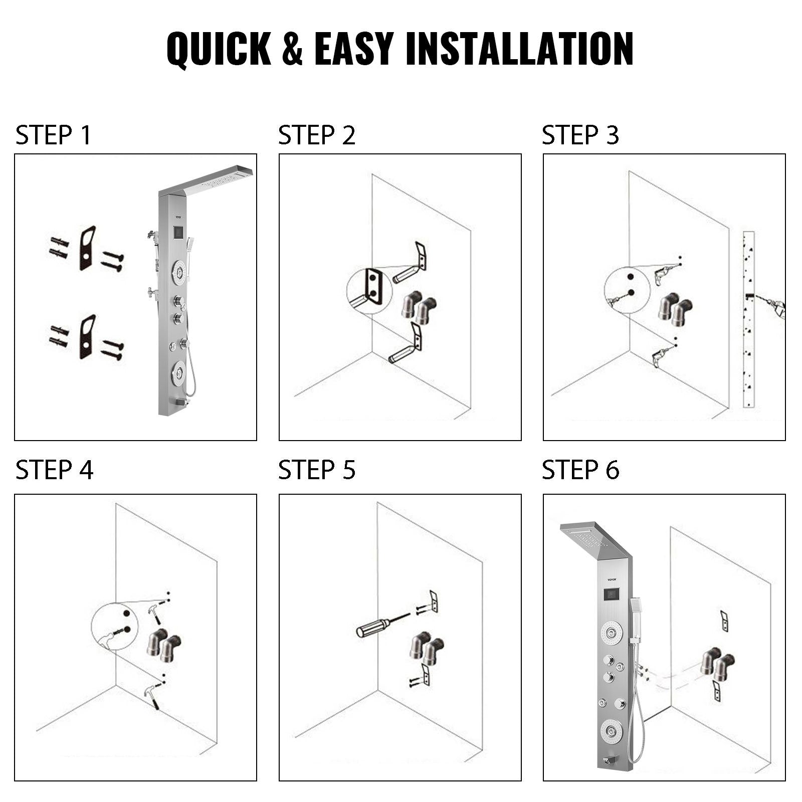 Happybuy 6 in 1 Shower Tower Panel Stainless Steel LED Display Wall Mounted Shower Panel System Panel Rainfall Massage Jets Waterfall Bathroom Shower Tower (Silver Color)