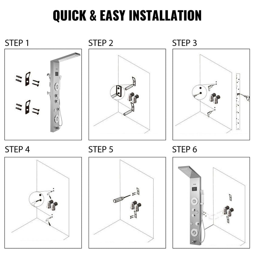 Happybuy 6 in 1 Shower Tower Panel Stainless Steel LED Display Wall Mounted Shower Panel System Panel Rainfall Massage Jets Waterfall Bathroom Shower Tower (Silver Color)