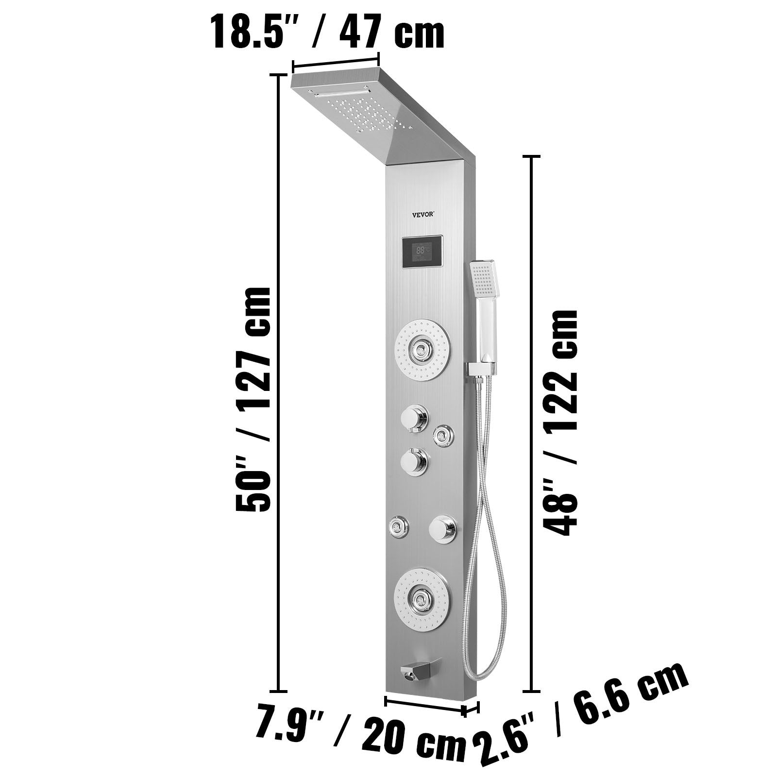 Happybuy 6 in 1 Shower Tower Panel Stainless Steel LED Display Wall Mounted Shower Panel System Panel Rainfall Massage Jets Waterfall Bathroom Shower Tower (Silver Color)