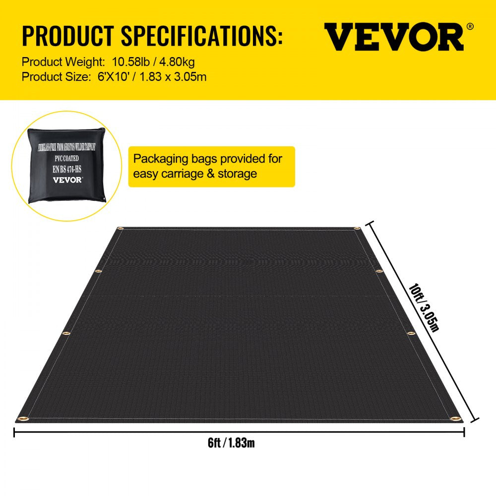 VEVOR Fire Blankets, 2 Pack Welding Blankets, 6' x 10'?Fire Suppression Blanket, 1022?°F Flame Retardant Blanket, Black?Fire Emergency Blankets, Fiberglass Fire Retardant Blanket?with?8?Brass Grommets
