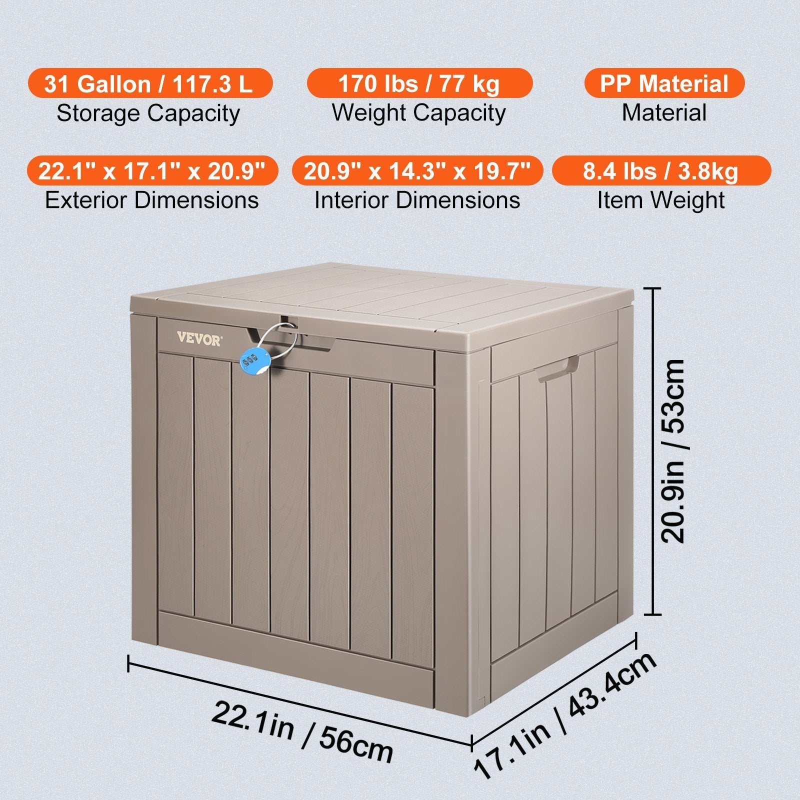VEVOR Deck Box, 31 Gallon Outdoor Storage Box, 22.1