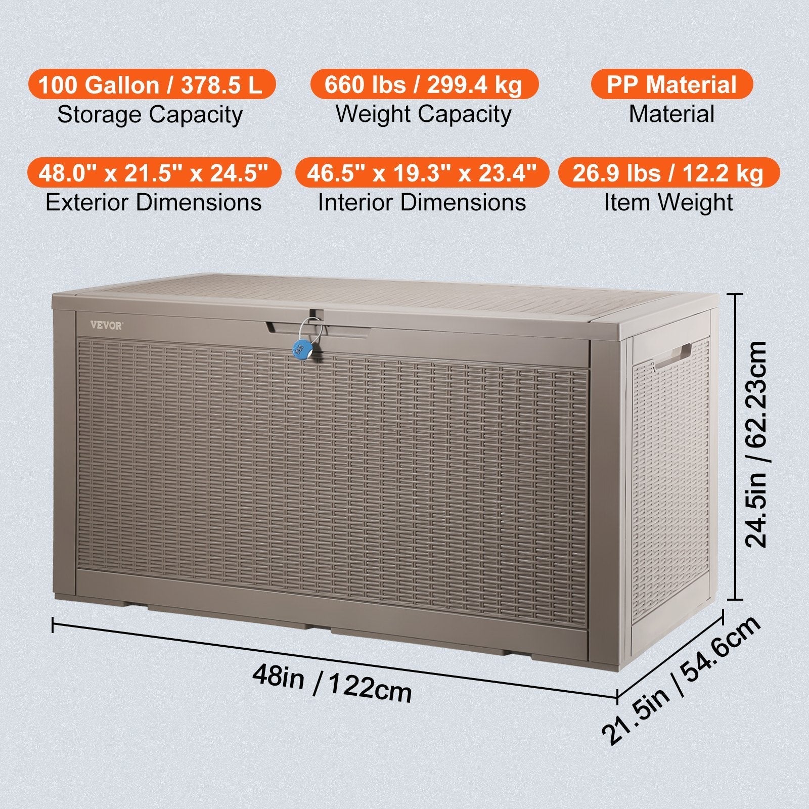 VEVOR Deck Box, 100 Gallon Outdoor Storage Box, 48.0