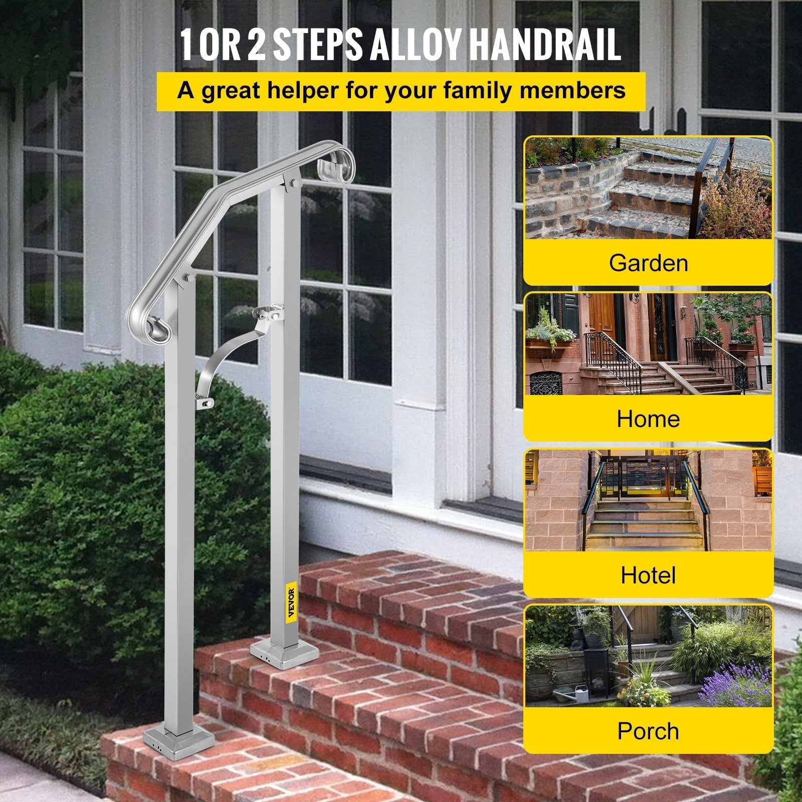 VEVOR Outdoor Stair Railing, Fit 1 or 2 Steps Alloy Metal Handrailing, Front Porch Flexible Transitional Handrail, Arch Step Rail With Installation Kit, for Concrete or Wooden Stairs, Silver