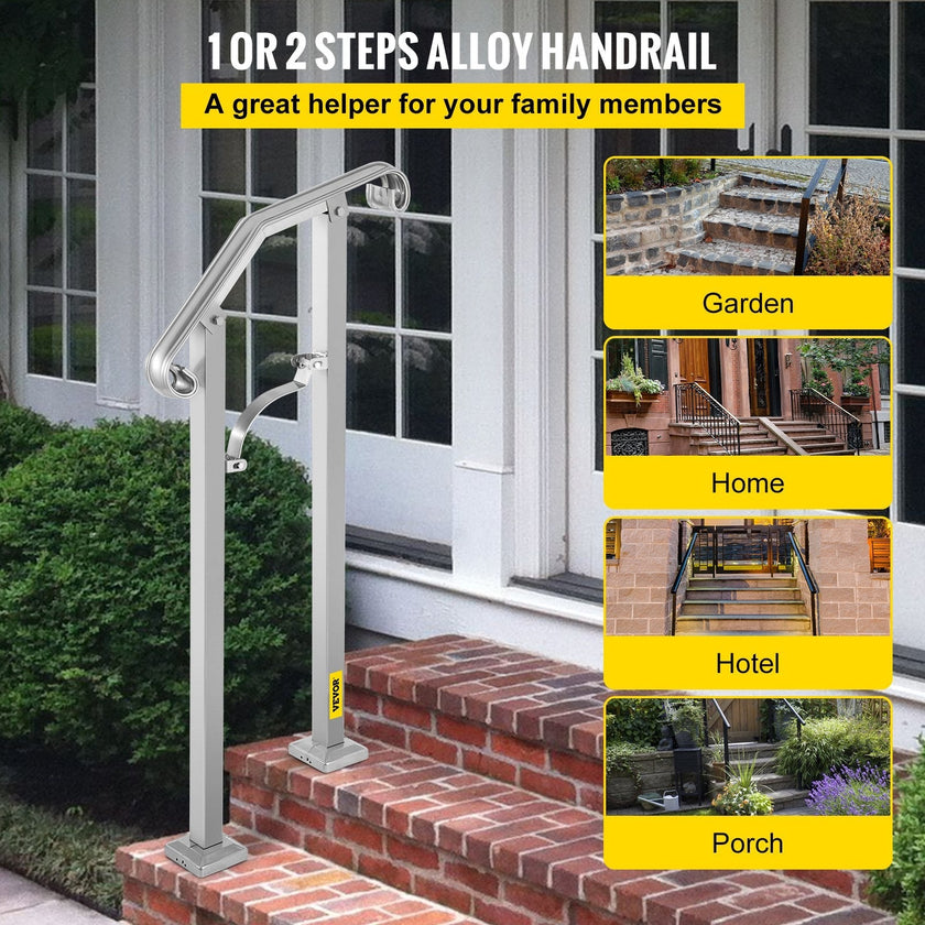 VEVOR Outdoor Stair Railing, Fit 1 or 2 Steps Alloy Metal Handrailing, Front Porch Flexible Transitional Handrail, Arch Step Rail With Installation Kit, for Concrete or Wooden Stairs, Silver