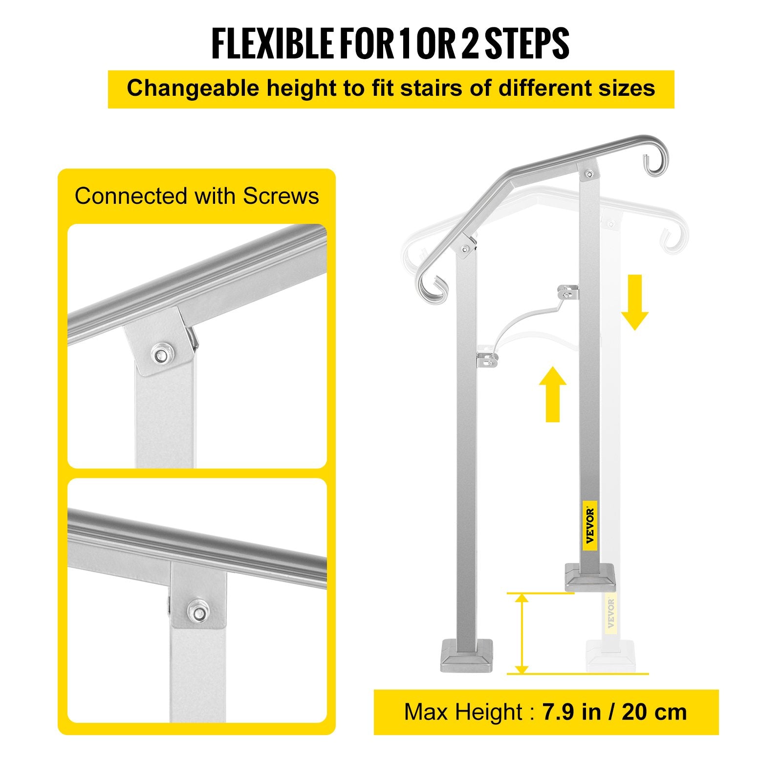 VEVOR Outdoor Stair Railing, Fit 1 or 2 Steps Alloy Metal Handrailing, Front Porch Flexible Transitional Handrail, Arch Step Rail With Installation Kit, for Concrete or Wooden Stairs, Silver