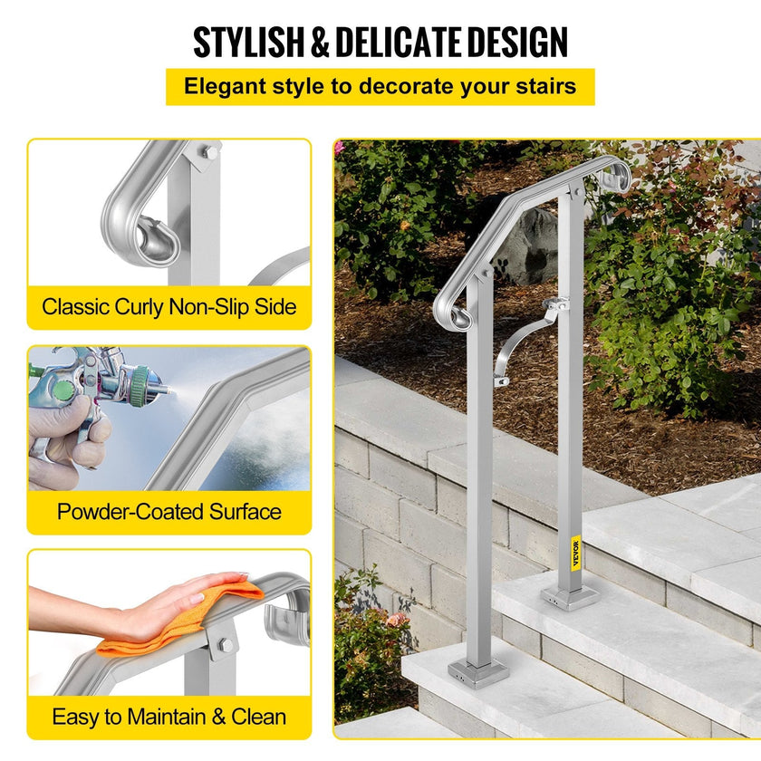 VEVOR Outdoor Stair Railing, Fit 1 or 2 Steps Alloy Metal Handrailing, Front Porch Flexible Transitional Handrail, Arch Step Rail With Installation Kit, for Concrete or Wooden Stairs, Silver