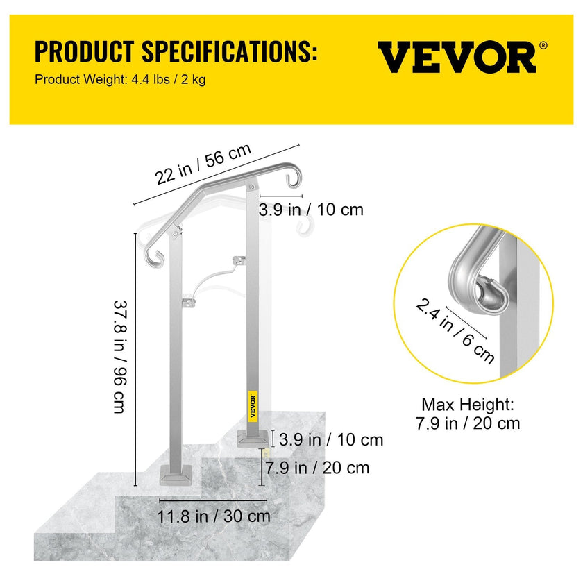 VEVOR Outdoor Stair Railing, Fit 1 or 2 Steps Alloy Metal Handrailing, Front Porch Flexible Transitional Handrail, Arch Step Rail With Installation Kit, for Concrete or Wooden Stairs, Silver