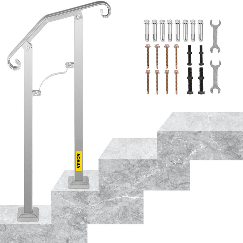 VEVOR Outdoor Stair Railing, Fit 1 or 2 Steps Alloy Metal Handrailing, Front Porch Flexible Transitional Handrail, Arch Step Rail With Installation Kit, for Concrete or Wooden Stairs, Silver