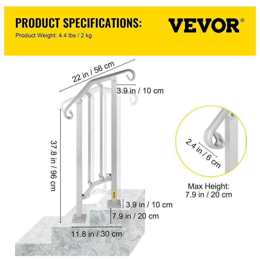 VEVOR Outdoor Stair Railing, Alloy Metal Hand Railing, Fit 1 or 2 Steps Flexible Transitional Handrail, Black Outdoor Stair Rail W/ Installation Kit, Step Handrail for Concrete or Wooden Stairs