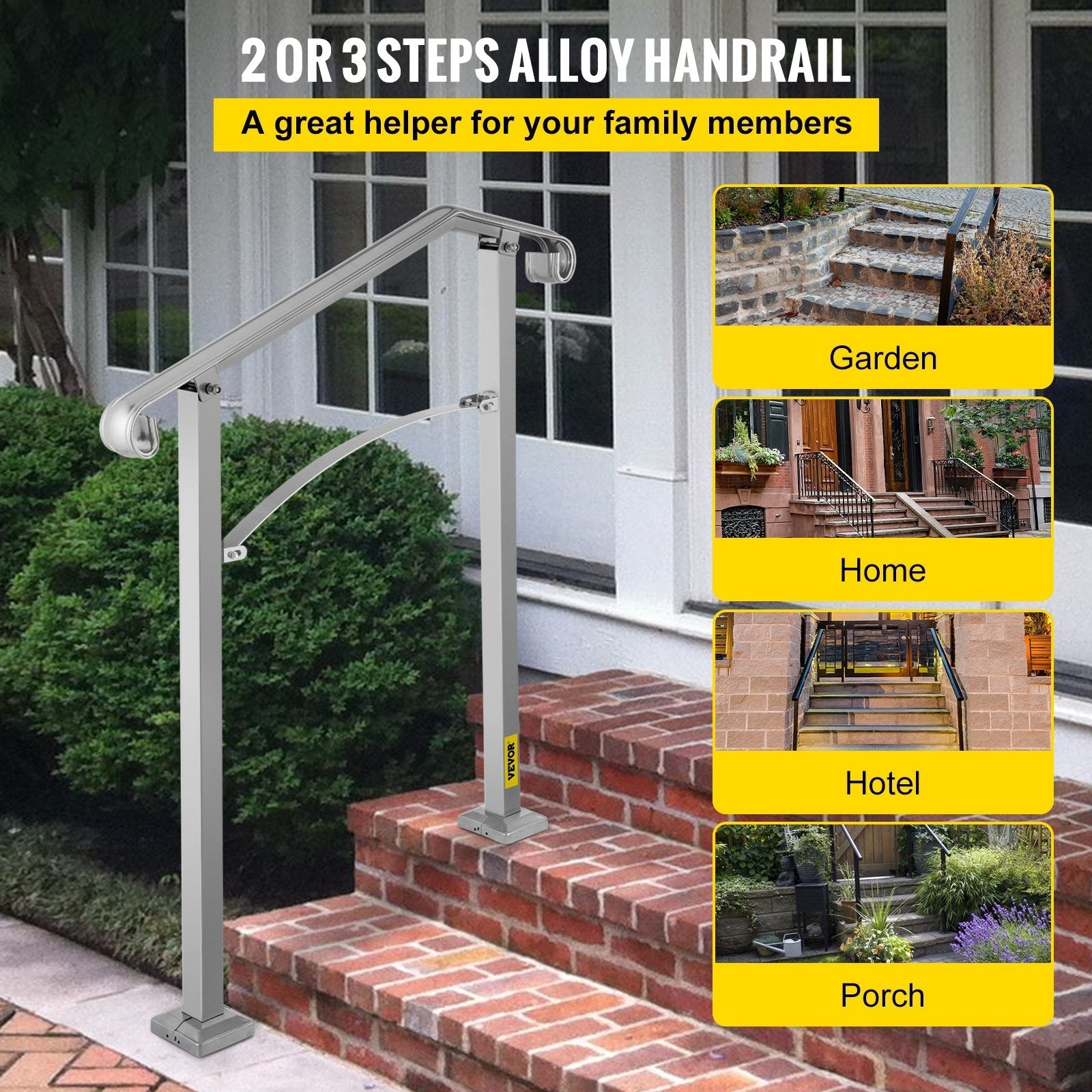 VEVOR Outdoor Stair Railing, Fit 2 or 3 Steps Alloy Metal Handrailing, Front Porch Flexible Transitional Handrail, Arch Step Rail With Installation Kit, for Concrete or Wooden Stairs, Silver