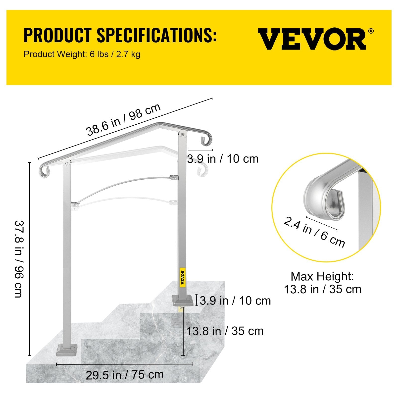VEVOR Outdoor Stair Railing, Fit 2 or 3 Steps Alloy Metal Handrailing, Front Porch Flexible Transitional Handrail, Arch Step Rail With Installation Kit, for Concrete or Wooden Stairs, Silver