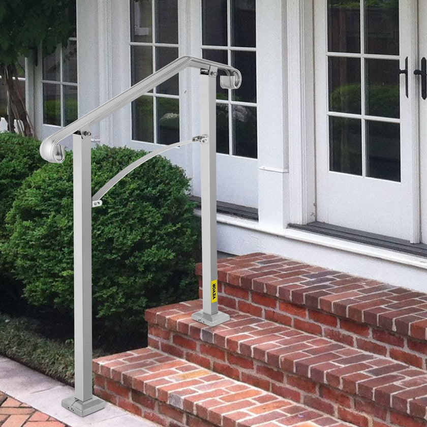 VEVOR Outdoor Stair Railing, Fit 2 or 3 Steps Alloy Metal Handrailing, Front Porch Flexible Transitional Handrail, Arch Step Rail With Installation Kit, for Concrete or Wooden Stairs, Silver