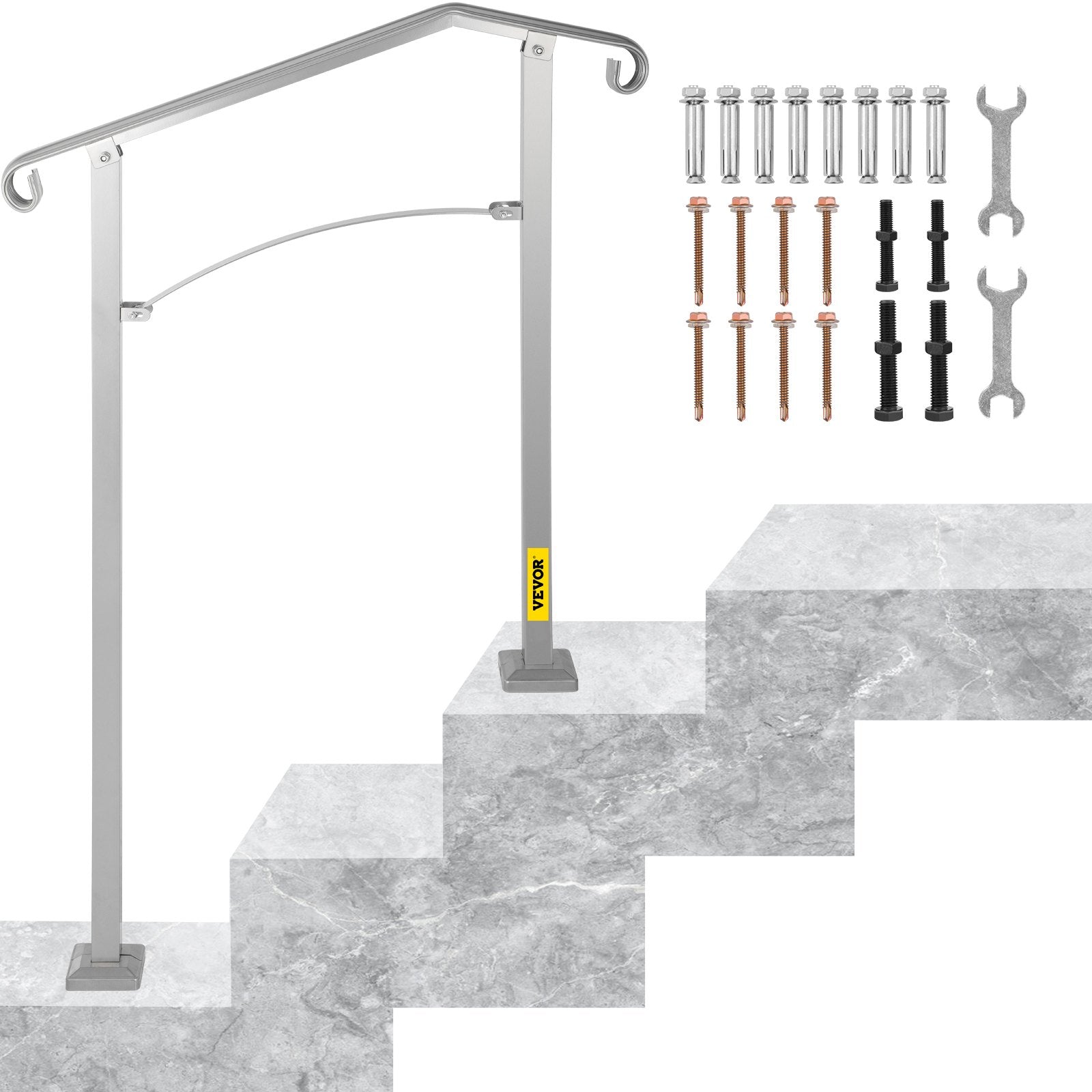 VEVOR Outdoor Stair Railing, Fit 2 or 3 Steps Alloy Metal Handrailing, Front Porch Flexible Transitional Handrail, Arch Step Rail With Installation Kit, for Concrete or Wooden Stairs, Silver