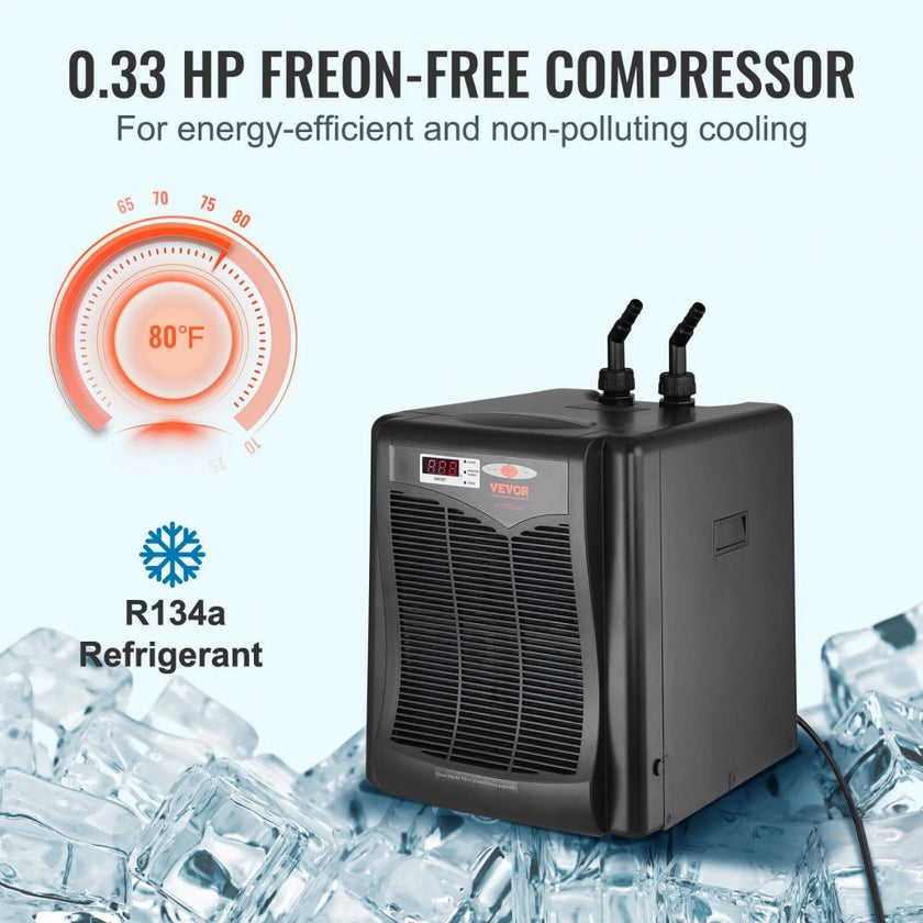 VEVOR Aquarium Chiller, 110 Gal 416 L, 1/3 HP Hydroponic Water Chiller, Quiet Refrigeration Compressor for Seawater and Fresh Water, Fish Tank Cooling System with Pump/Hose, for Jellyfish, Coral Reef