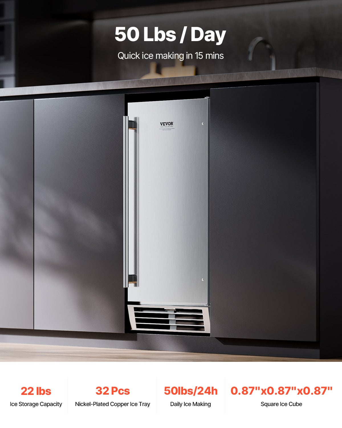 VEVOR Undercounter Built-in Ice Maker 50 Lbs/Day Reversible Door Outdoor Use