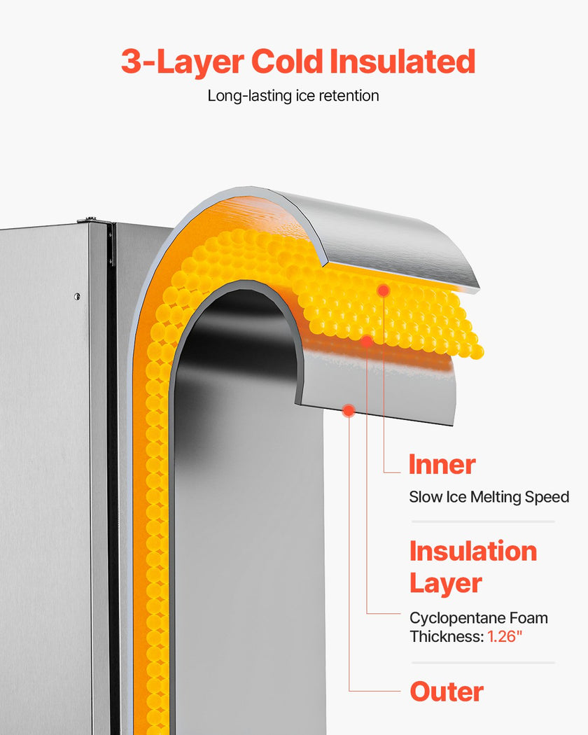VEVOR Undercounter Built-in Ice Maker 50 Lbs/Day Reversible Door Outdoor Use