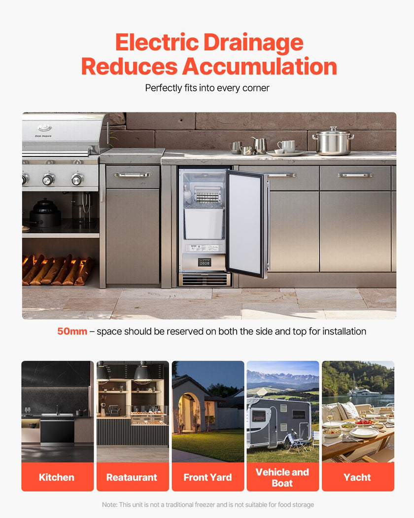 VEVOR Undercounter Built-in Ice Maker 50 Lbs/Day Reversible Door Outdoor Use