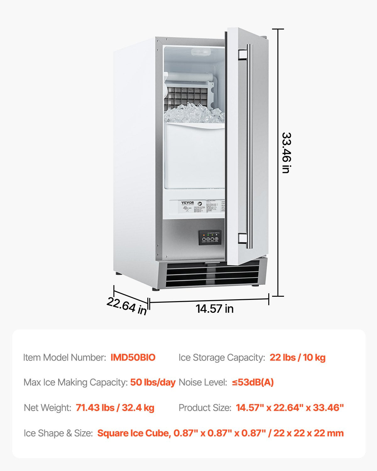 VEVOR Undercounter Built-in Ice Maker 50 Lbs/Day Reversible Door Outdoor Use