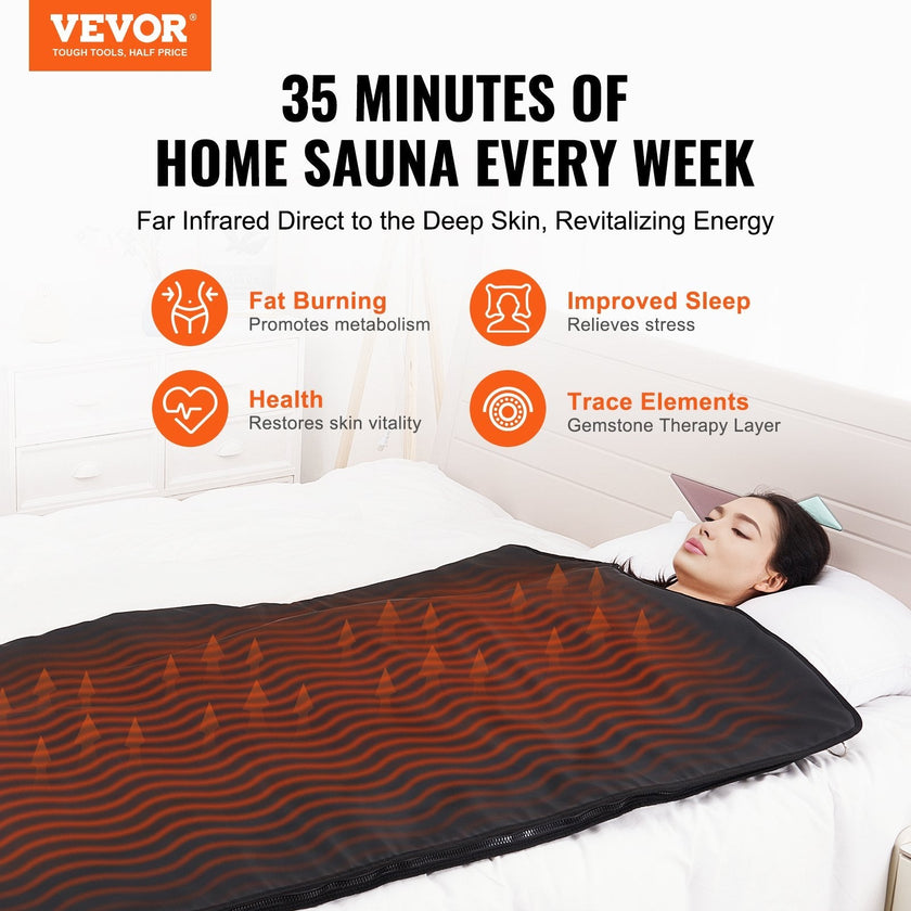VEVOR Sauna Blanket for Detoxification, Portable Far Infrared Sauna for Home, PU Sauna Bag w/  Therapy Stones & Carbon Fiber Heating, 1-6 Level Adjustable Temp 95-185?, 1-60 Minutes Timer, 75 x 35in