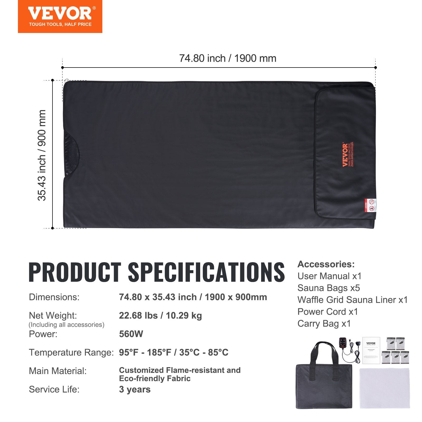 VEVOR Sauna Blanket for Detoxification, Portable Far Infrared Sauna for Home, PU Sauna Bag w/  Therapy Stones & Carbon Fiber Heating, 1-6 Level Adjustable Temp 95-185?, 1-60 Minutes Timer, 75 x 35in