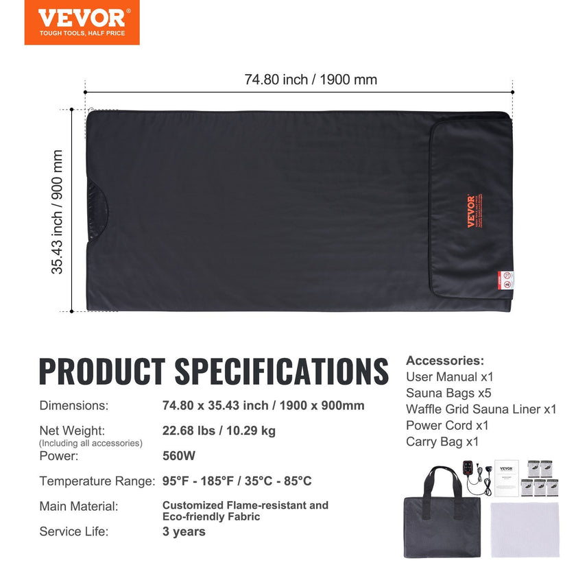 VEVOR Sauna Blanket for Detoxification, Portable Far Infrared Sauna for Home, PU Sauna Bag w/  Therapy Stones & Carbon Fiber Heating, 1-6 Level Adjustable Temp 95-185?, 1-60 Minutes Timer, 75 x 35in